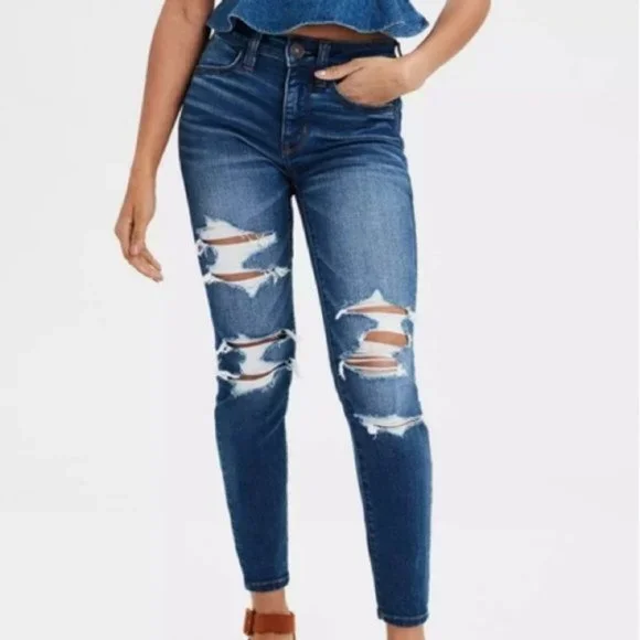 American Eagle Hi-Rise Distressed Jeggings Size 4 X-Short Stretch Denim Jeans - Picture 1 of 10